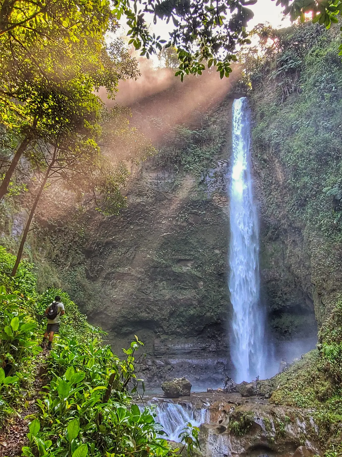 Catarata Kamakiri iluminada por rayos de sol entre el bosque