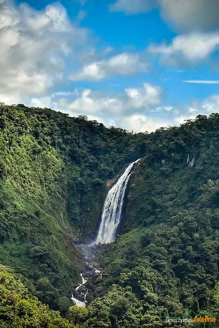 Vista completa de Catarata Metaponto entre montañas y bosque